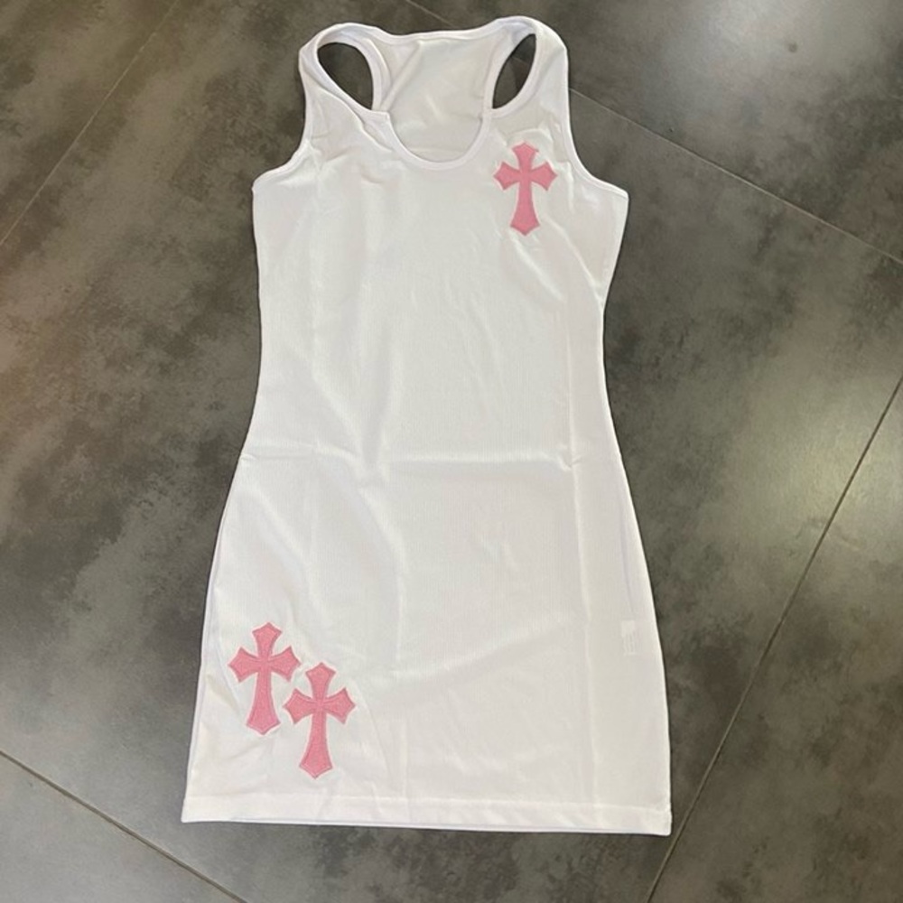 Chic White Mini Dress with Pink Cross Design